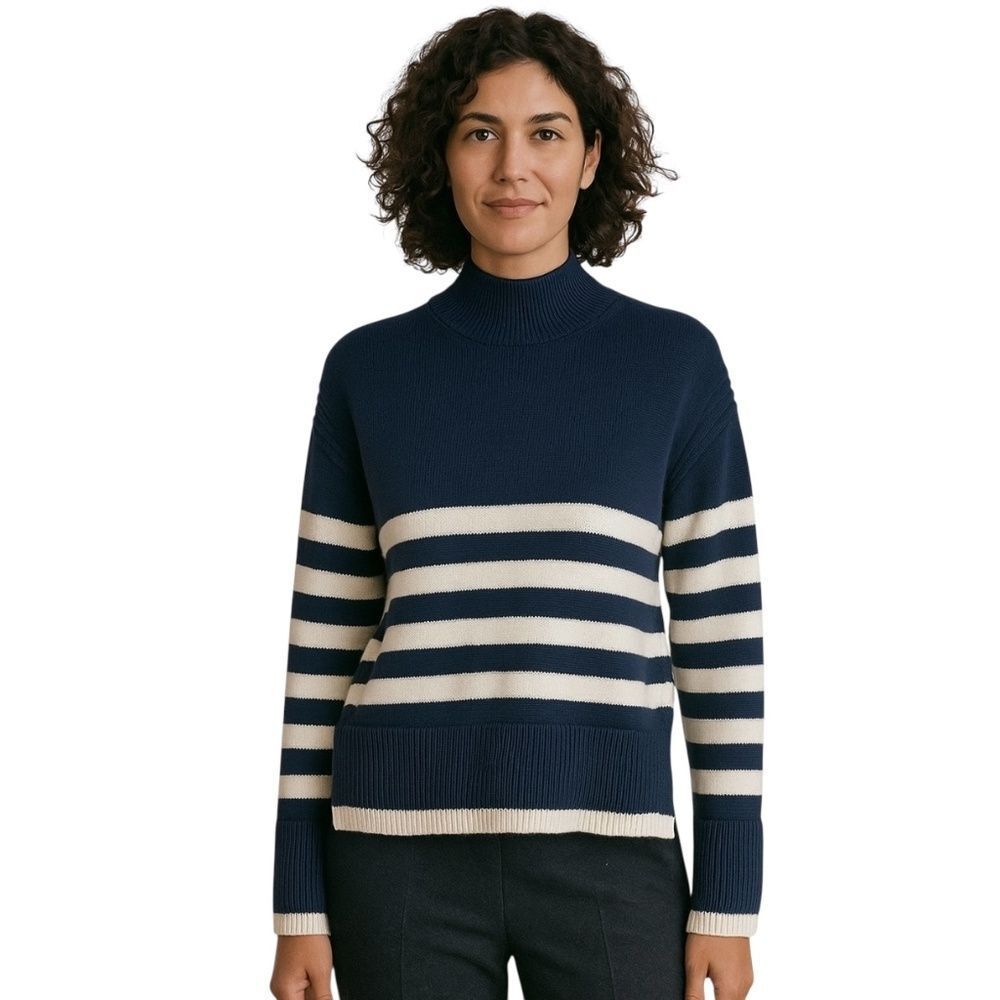 On 34th Minimalist White Navy Blue Coastal Stripes Mock Neck Knit Sweater, Small